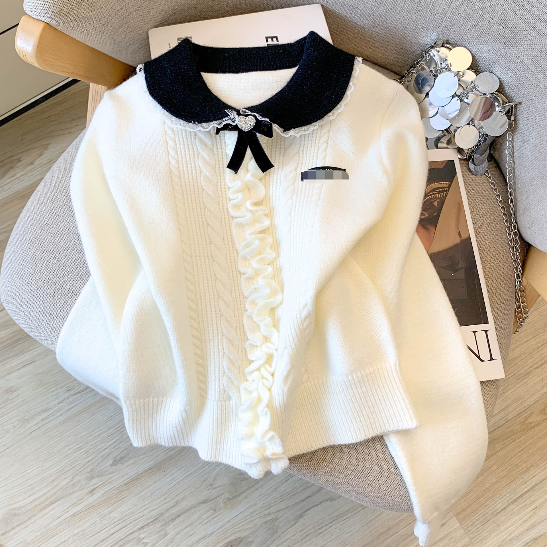 프릴 POLO 칼라 막대기 표시 함 의류 여성 한 부서 학원 스타일 연령 감소 캐주얼 니트 긴 소매 스웨터 상세 이미지 2