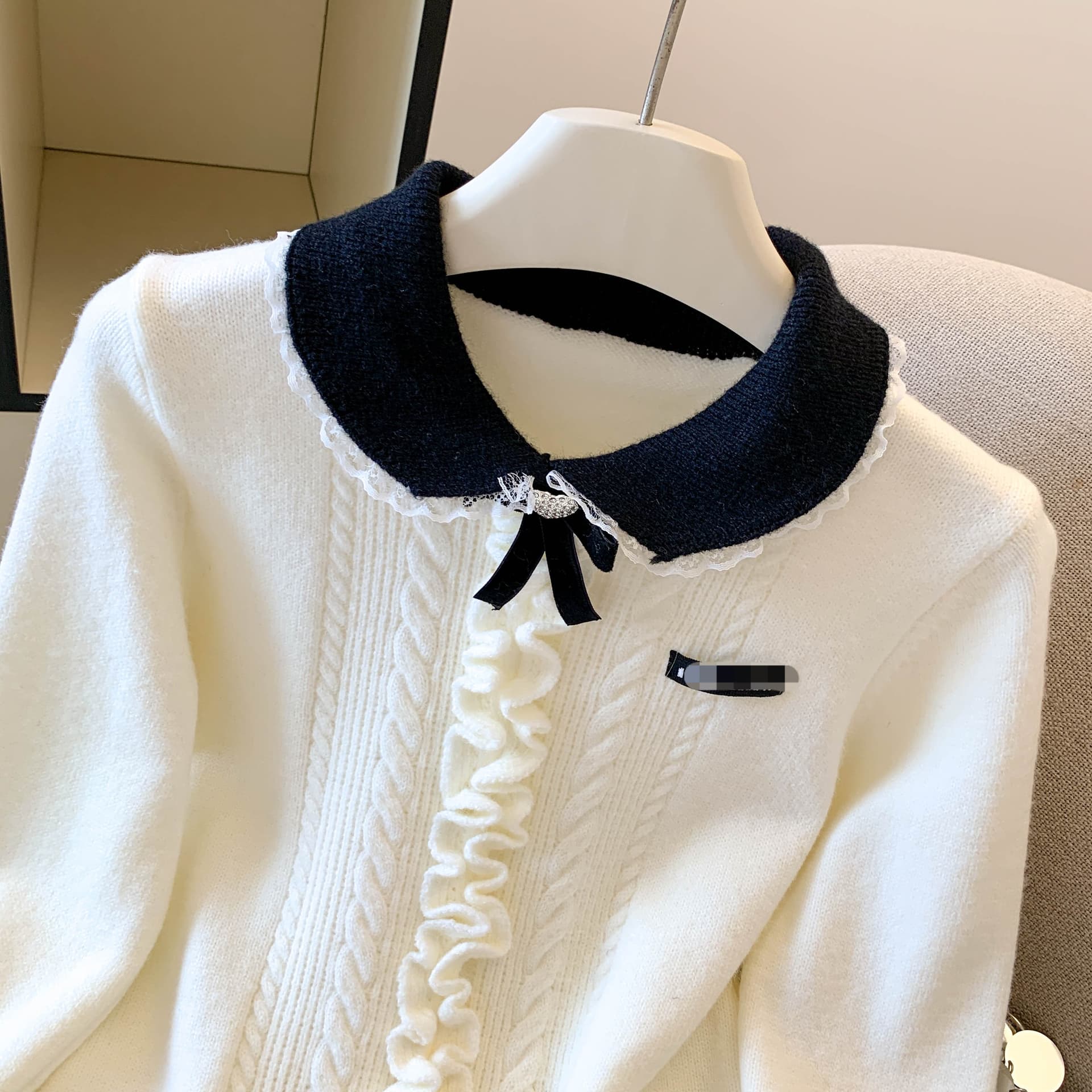 프릴 POLO 칼라 막대기 표시 함 의류 여성 한 부서 학원 스타일 연령 감소 캐주얼 니트 긴 소매 스웨터 상세 이미지 8