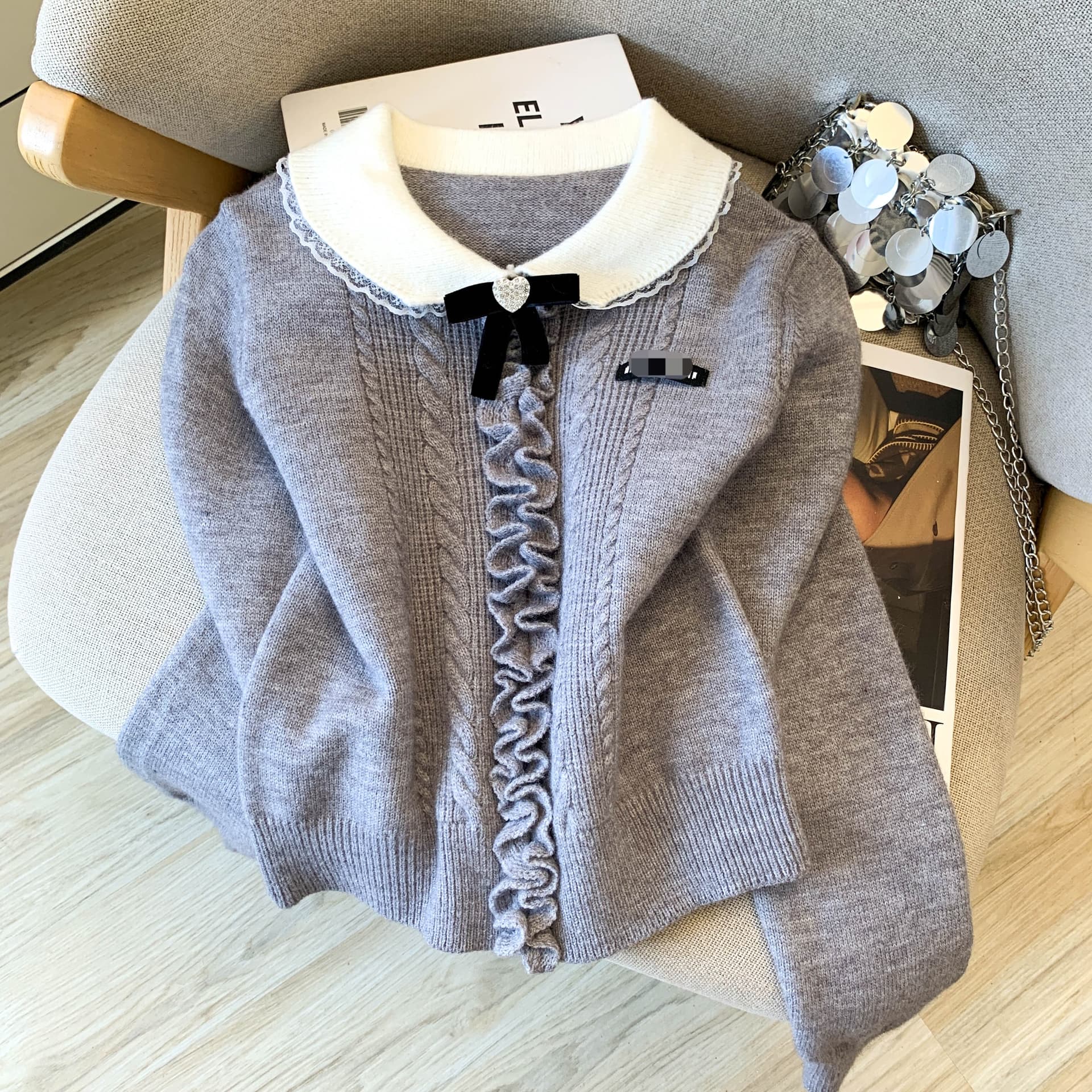 프릴 POLO 칼라 막대기 표시 함 의류 여성 한 부서 학원 스타일 연령 감소 캐주얼 니트 긴 소매 스웨터 상세 이미지 29