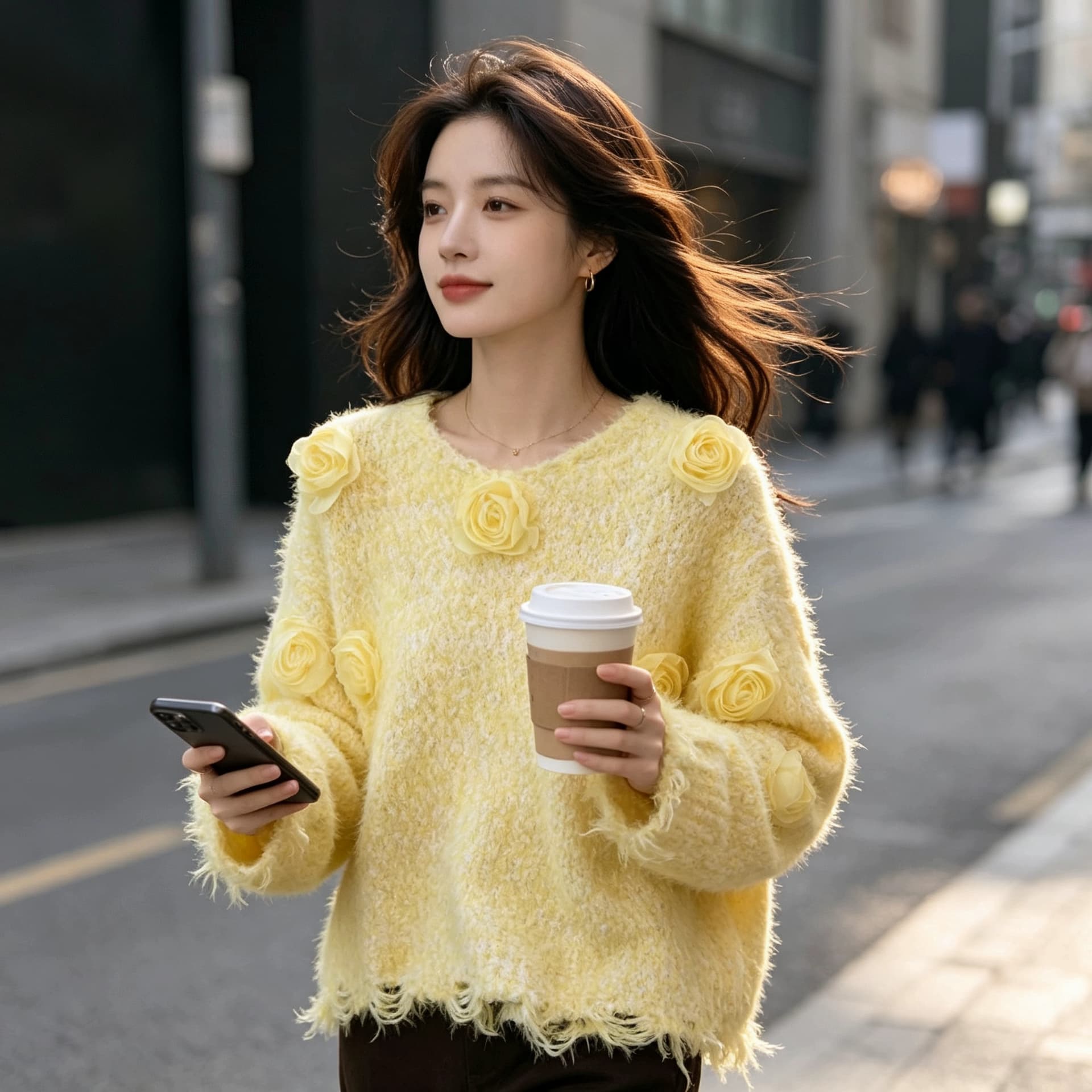 프랑스식 디자인 센스 3 차원 꽃 V넥 긴팔 니트 스웨터 여성 겨울 2026 달콤함 루즈핏 연령 감소 품격 맨위 상세 이미지 11