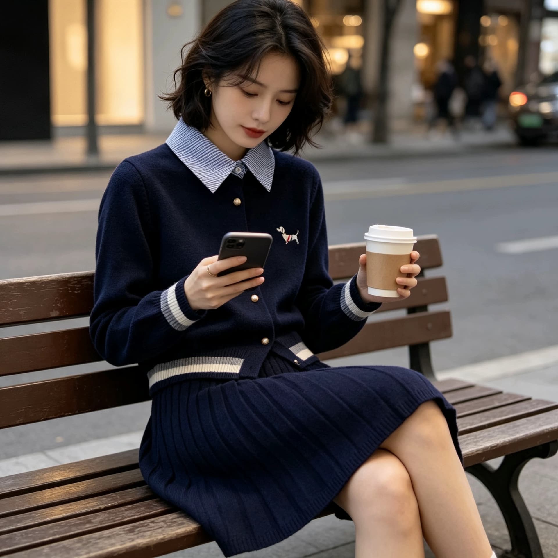 2026 봄 가을 한 부서 학원 스타일 페이크 레이어드 맨위 여성 뜨개질 오픈 가디건 패치워크 스트라이프 셔츠 플리츠 치마 세트 상세 이미지 6