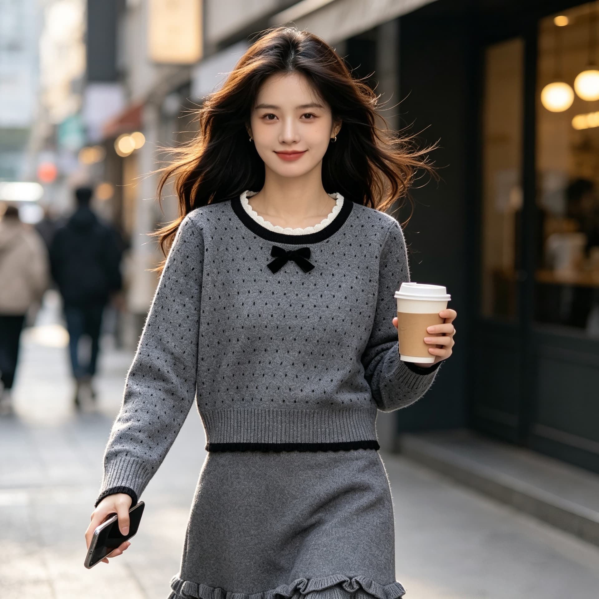 한 부서 착용 가져 가라. 전체 집합 자이언트 잘 생긴 ~ 중 작은 키 회색 스웨터 반신 치마 작은 샤넬 스타일 세트 여성 가을 의상 상세 이미지 15