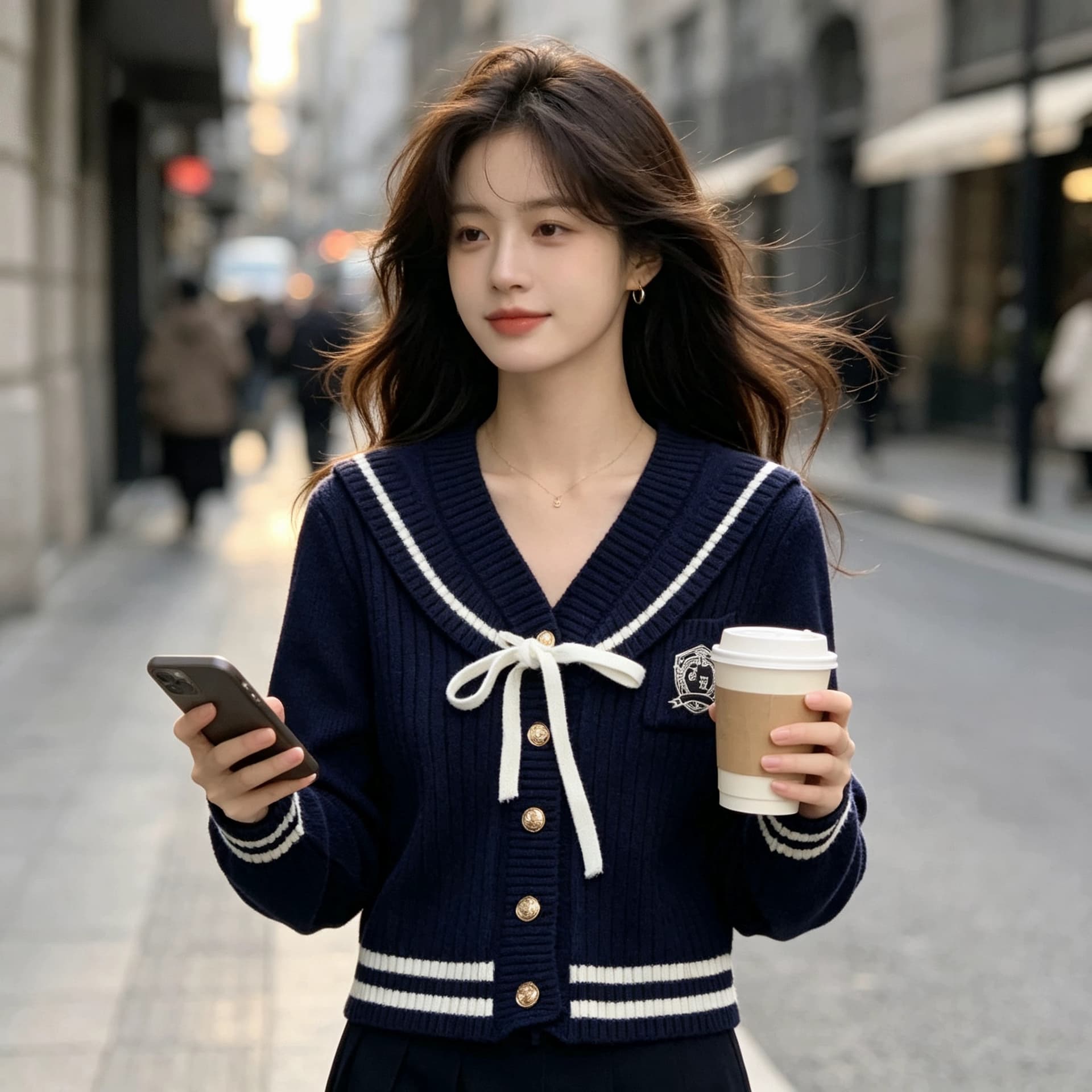학원 스타일 해군 칼라 나비 매듭 니트 오픈 가디건 여성 가을 2026 새로운 슈퍼 화재 연령 감소 맨위 스웨터 코트 상세 이미지 4