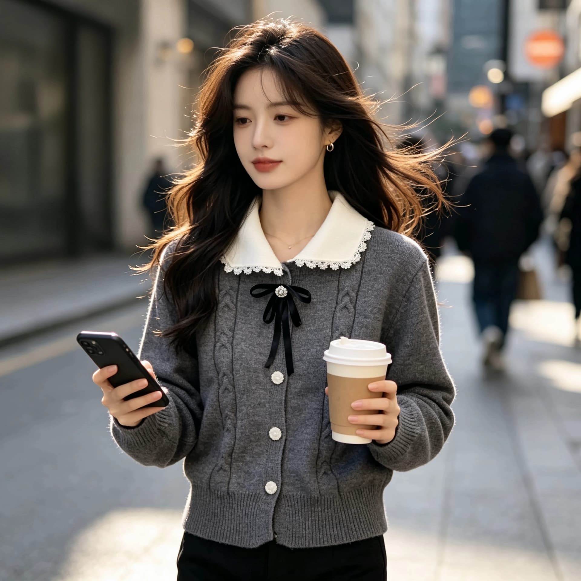 한 부서 달콤함 연령 감소 나비 매듭 베이비 칼라 스웨터 오픈 가디건 여성 가을 겨울 작은 키 레이스 조각 니트 재킷