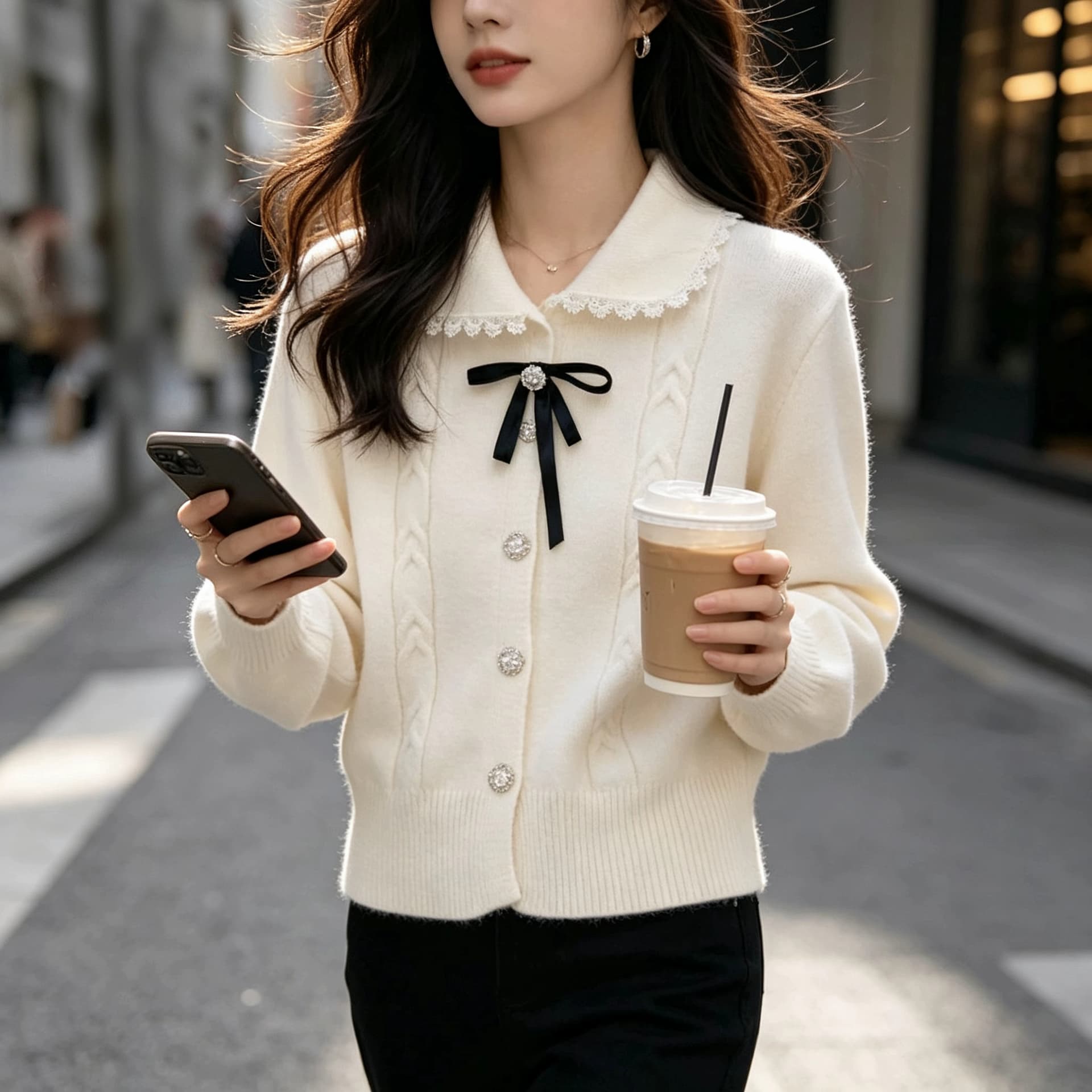 한 부서 달콤함 연령 감소 나비 매듭 베이비 칼라 스웨터 오픈 가디건 여성 가을 겨울 작은 키 레이스 조각 니트 재킷 상세 이미지 9