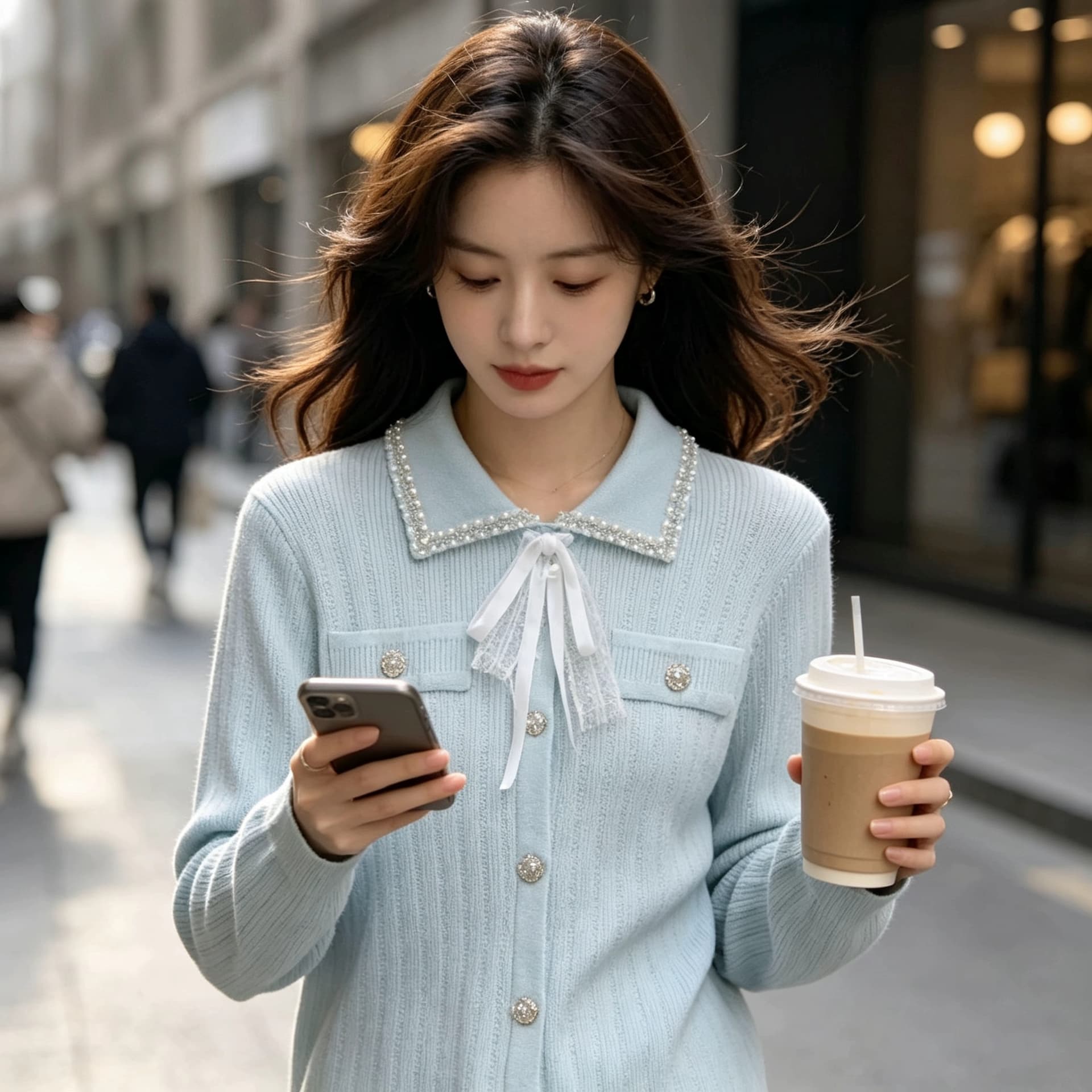 빛 럭셔리 작은 샤넬 스타일 프랑스식 긴팔 폴로 칼라 니트 스웨터 여성 봄 가을 무거운 작업 비즈 박기 나비 매듭 외국 가스 맨위 오픈 가디건 이미지 4