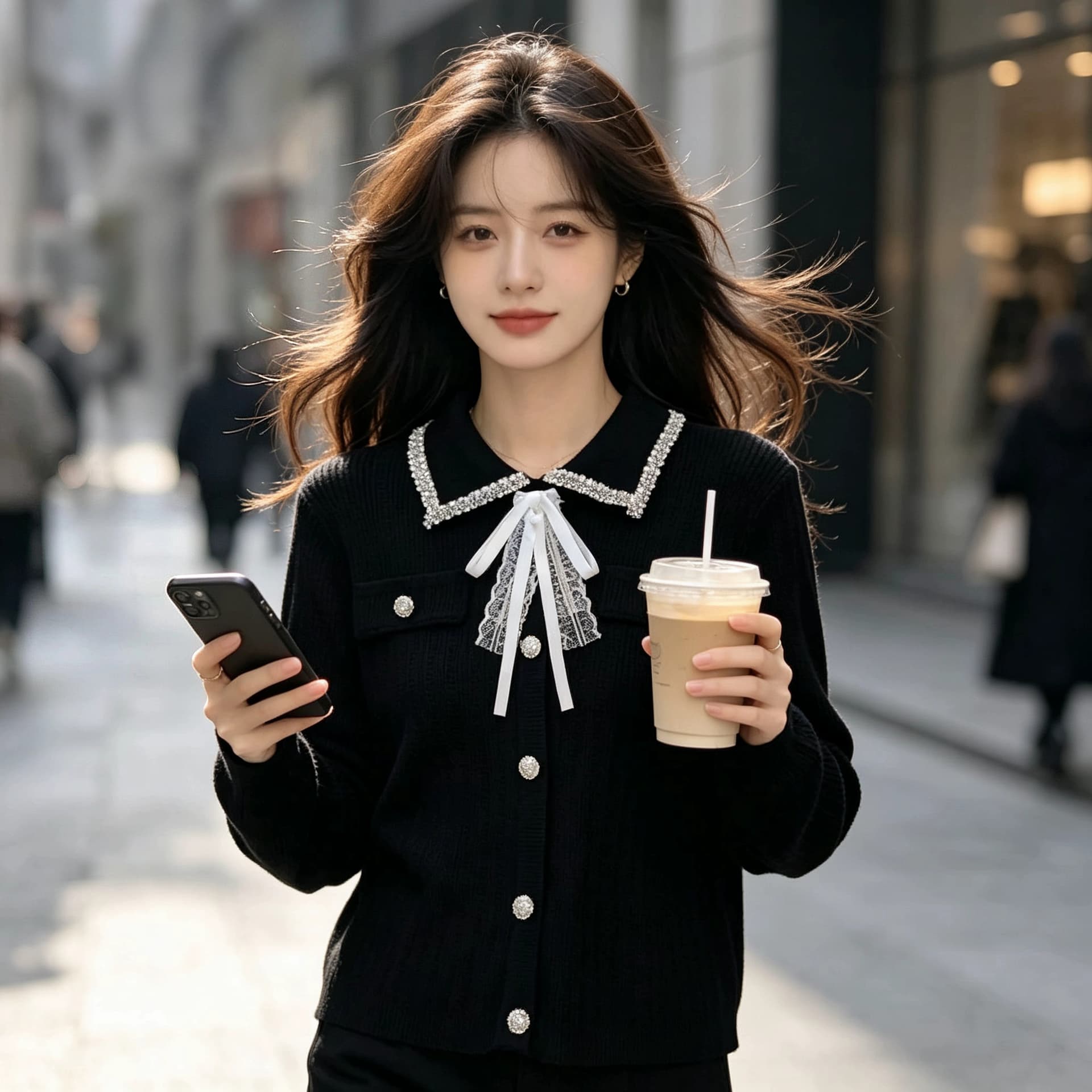 빛 럭셔리 작은 샤넬 스타일 프랑스식 긴팔 폴로 칼라 니트 스웨터 여성 봄 가을 무거운 작업 비즈 박기 나비 매듭 외국 가스 맨위 오픈 가디건 상세 이미지 3