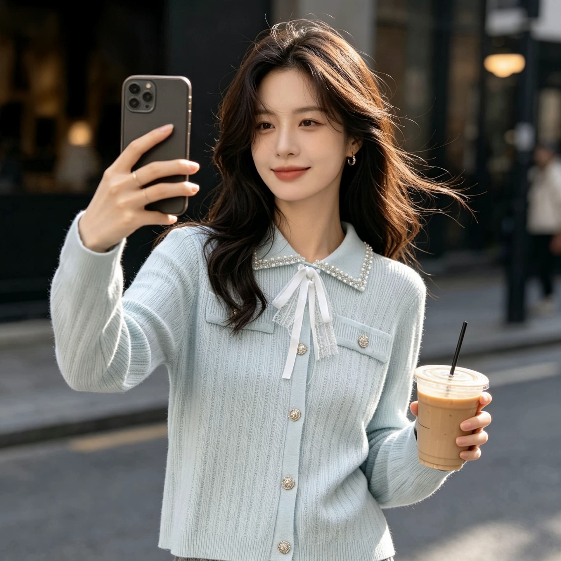 빛 럭셔리 작은 샤넬 스타일 프랑스식 긴팔 폴로 칼라 니트 스웨터 여성 봄 가을 무거운 작업 비즈 박기 나비 매듭 외국 가스 맨위 오픈 가디건 상세 이미지 5