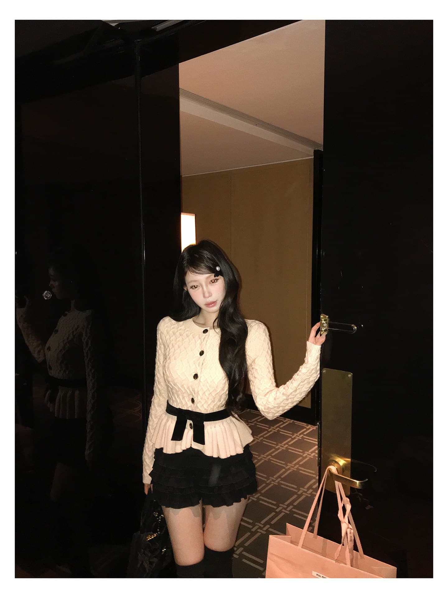 나비 매듭 작은 샤넬 스타일 니트 스웨터 여성 가을 겨울철 작은 대중 디자인 센스 프릴 맨위 상세 이미지 3