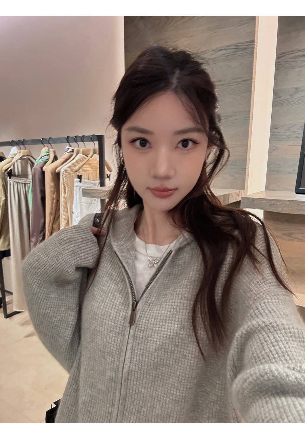 장 베이 베이 ibell 한 부서 루즈핏 슬림해 보이는 3 차원 후아 남편 그리드 후드 오픈 가디건 여성 레저 다용도 양모 재킷 상세 이미지 5