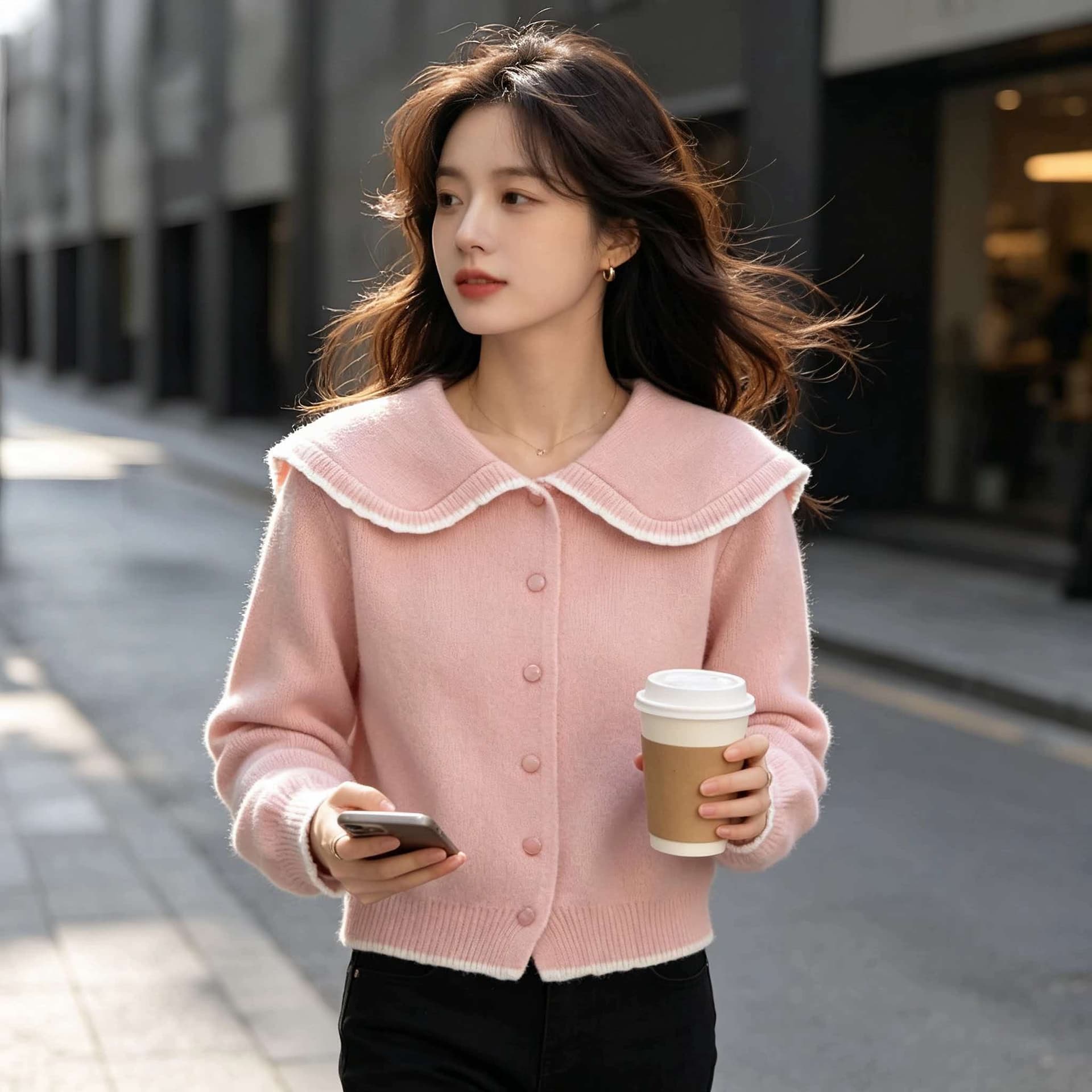 프랑스식 작은 샤넬 스타일 배색 베이비 칼라 스웨터 오픈 가디건 여성 가을 겨울 달콤함 연령 감소 신년 빨간색 니트 스웨터 재킷 상세 이미지 5