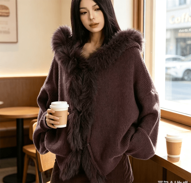 한 부서 디자인 센스 모피 칼라 후드 스웨터 여자 가을 겨울 새로운 보온 니트 오픈 가디건 맨위 트렌디 이미지 2