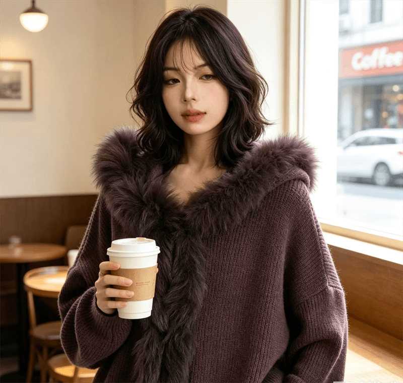 한 부서 디자인 센스 모피 칼라 후드 스웨터 여자 가을 겨울 새로운 보온 니트 오픈 가디건 맨위 트렌디 상세 이미지 5
