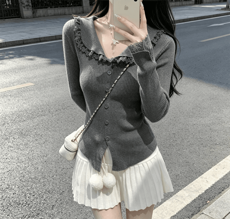 가을 겨울 한국 스타일 순수한 욕망 레이스 조각 폴로 칼라 몸매 가꾸기 앤디 플러시 인사이드 가져 가라. 니트 오픈 가디건 스웨터 이미지 4