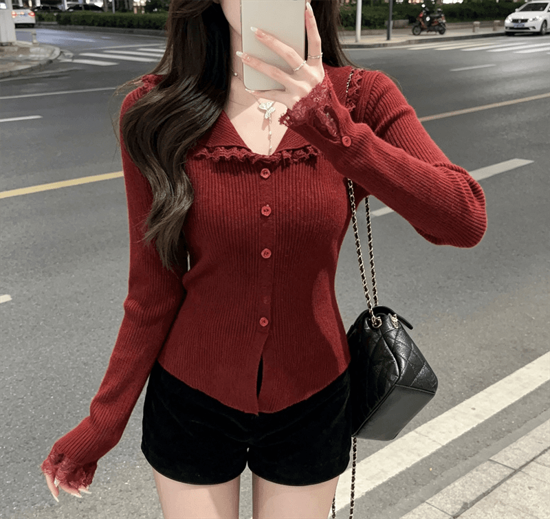 가을 겨울 한국 스타일 순수한 욕망 레이스 조각 폴로 칼라 몸매 가꾸기 앤디 플러시 인사이드 가져 가라. 니트 오픈 가디건 스웨터 상세 이미지 3
