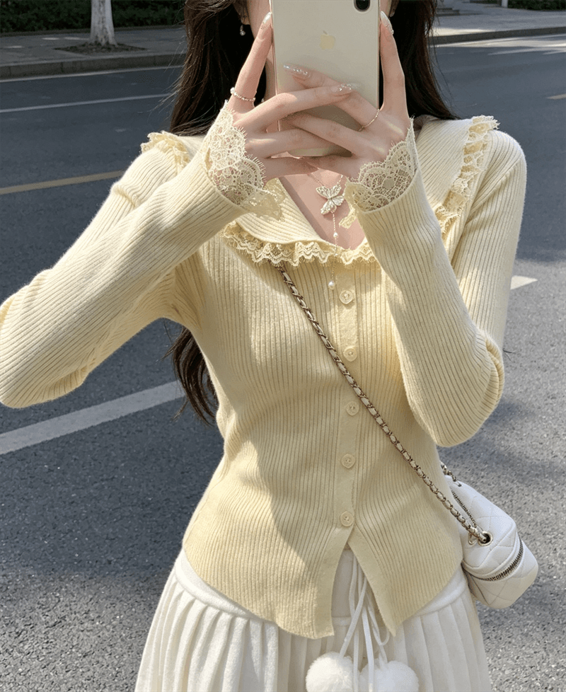 가을 겨울 한국 스타일 순수한 욕망 레이스 조각 폴로 칼라 몸매 가꾸기 앤디 플러시 인사이드 가져 가라. 니트 오픈 가디건 스웨터 상세 이미지 6