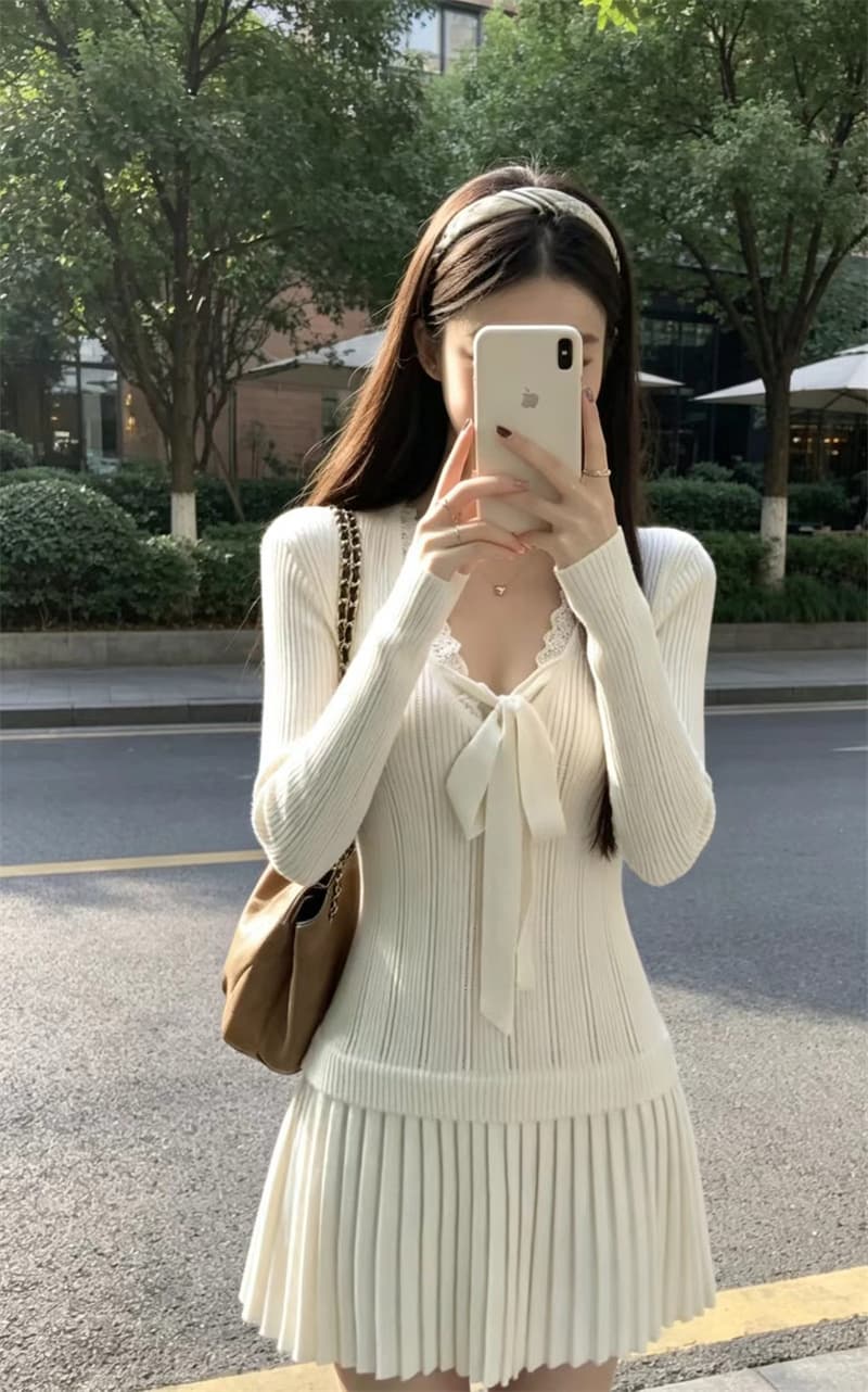 프랑스식 순수한 욕망 바람 니트 여성 드레스 가을 겨울 새로운 프랑스식 긴팔 품격 슬림해 보이는 고급 센스 레이스 치마 상세 이미지 3
