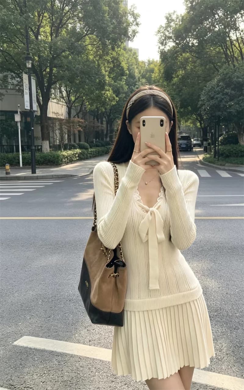 프랑스식 순수한 욕망 바람 니트 여성 드레스 가을 겨울 새로운 프랑스식 긴팔 품격 슬림해 보이는 고급 센스 레이스 치마 상세 이미지 4