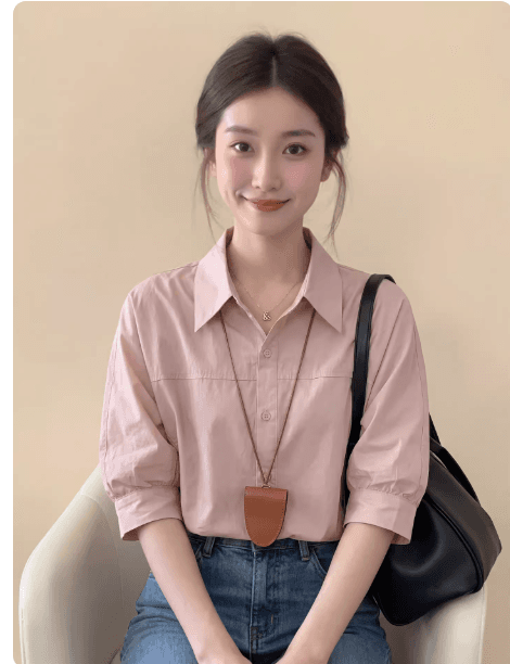 프랑스식 핑크색 폴로 칼라 긍정적 인 어깨 반팔 여성 셔츠 여름 2026 새로운 고급 센스 거품 소매 출퇴근 작은 맨위 상세 이미지 1