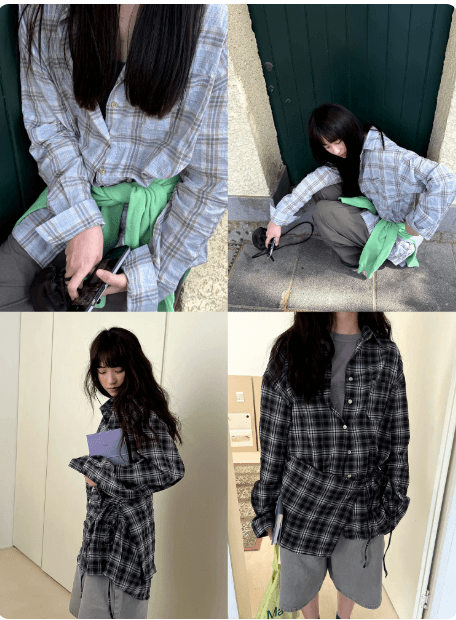 poxffee 파란색 엷 은 안개 산소 체크무늬 긴팔 자외선 차단 셔츠 재킷 랩스커트팬츠 여성 셔츠 품격 맨위