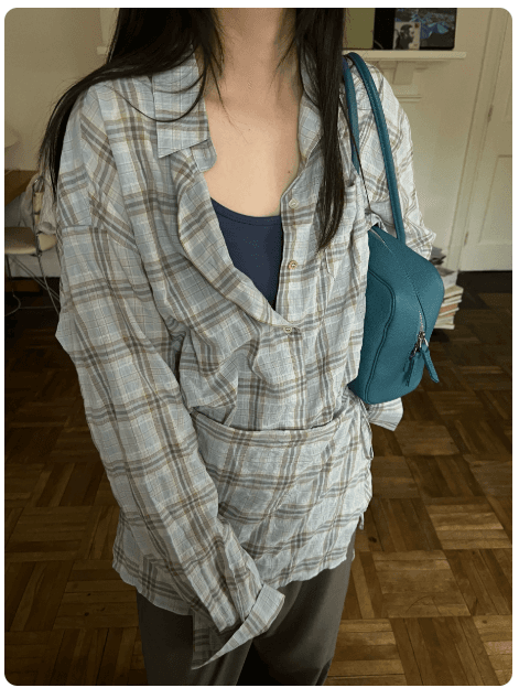 poxffee 파란색 엷 은 안개 산소 체크무늬 긴팔 자외선 차단 셔츠 재킷 랩스커트팬츠 여성 셔츠 품격 맨위 상세 이미지 4
