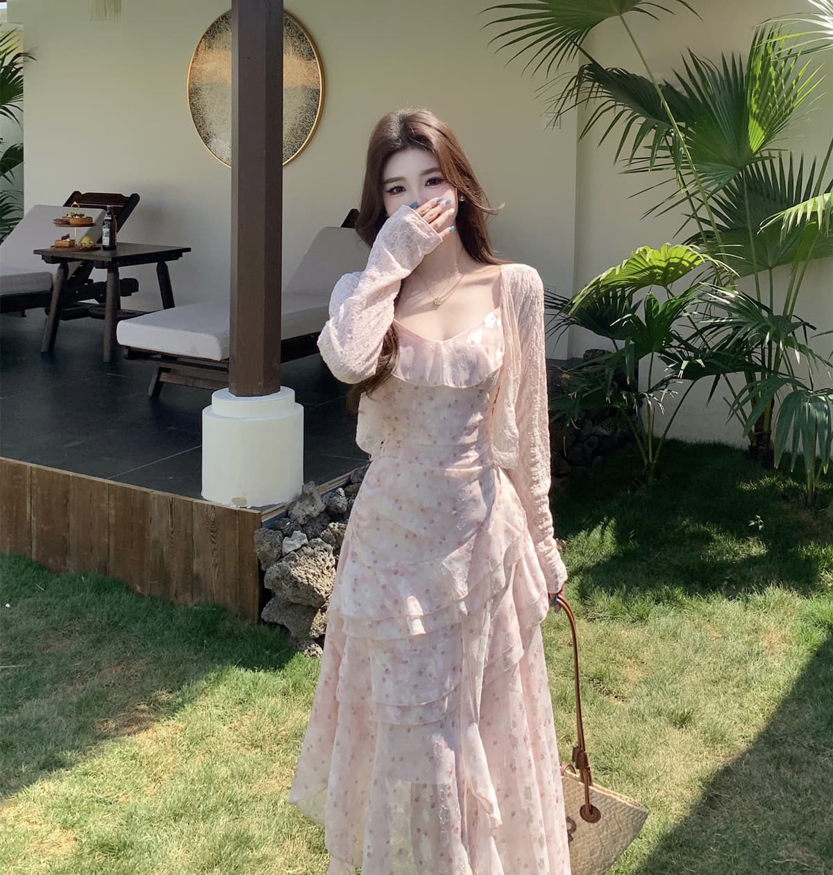 실사 봄 여름 우아함 프랑스식 전원 바람 순수한 욕망 달콤함 꽃무늬 슬립 드레스 태양 보호 셔츠 투피스 세트 이미지 4