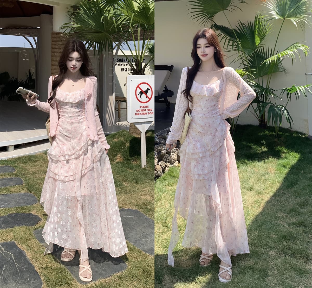 실사 봄 여름 우아함 프랑스식 전원 바람 순수한 욕망 달콤함 꽃무늬 슬립 드레스 태양 보호 셔츠 투피스 세트