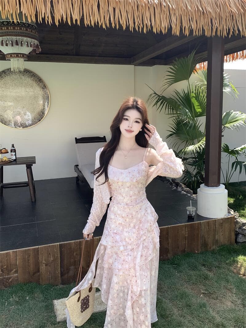 실사 봄 여름 우아함 프랑스식 전원 바람 순수한 욕망 달콤함 꽃무늬 슬립 드레스 태양 보호 셔츠 투피스 세트 상세 이미지 3