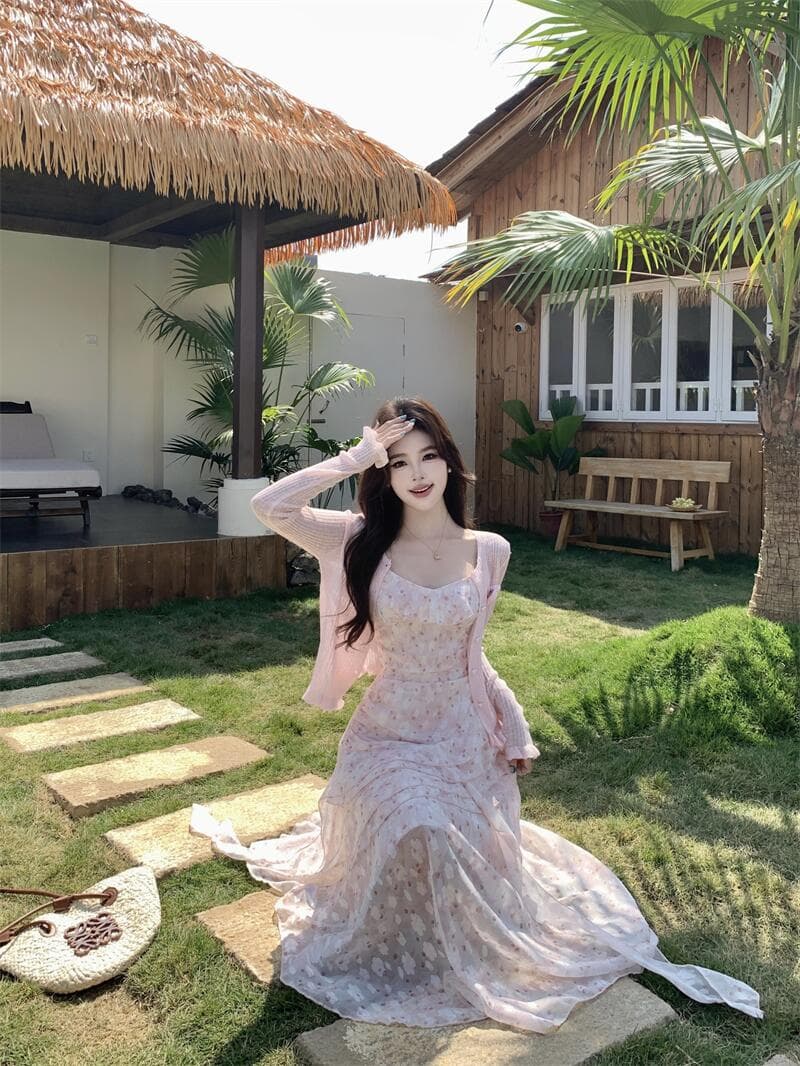실사 봄 여름 우아함 프랑스식 전원 바람 순수한 욕망 달콤함 꽃무늬 슬립 드레스 태양 보호 셔츠 투피스 세트 상세 이미지 5