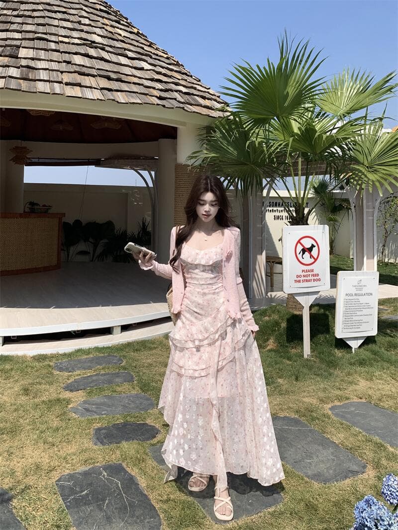 실사 봄 여름 우아함 프랑스식 전원 바람 순수한 욕망 달콤함 꽃무늬 슬립 드레스 태양 보호 셔츠 투피스 세트 상세 이미지 11