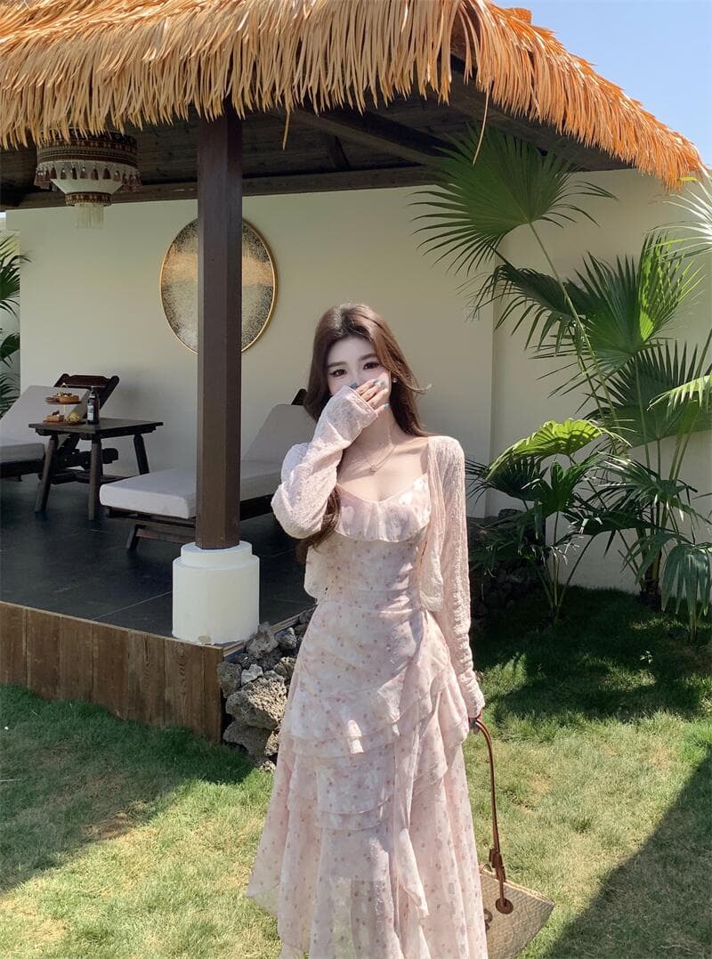실사 봄 여름 우아함 프랑스식 전원 바람 순수한 욕망 달콤함 꽃무늬 슬립 드레스 태양 보호 셔츠 투피스 세트 상세 이미지 13