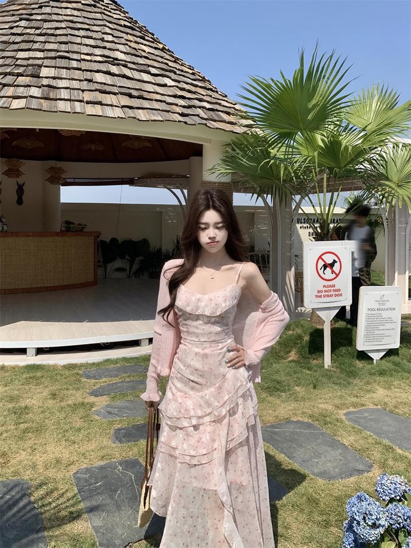 실사 봄 여름 우아함 프랑스식 전원 바람 순수한 욕망 달콤함 꽃무늬 슬립 드레스 태양 보호 셔츠 투피스 세트 상세 이미지 14