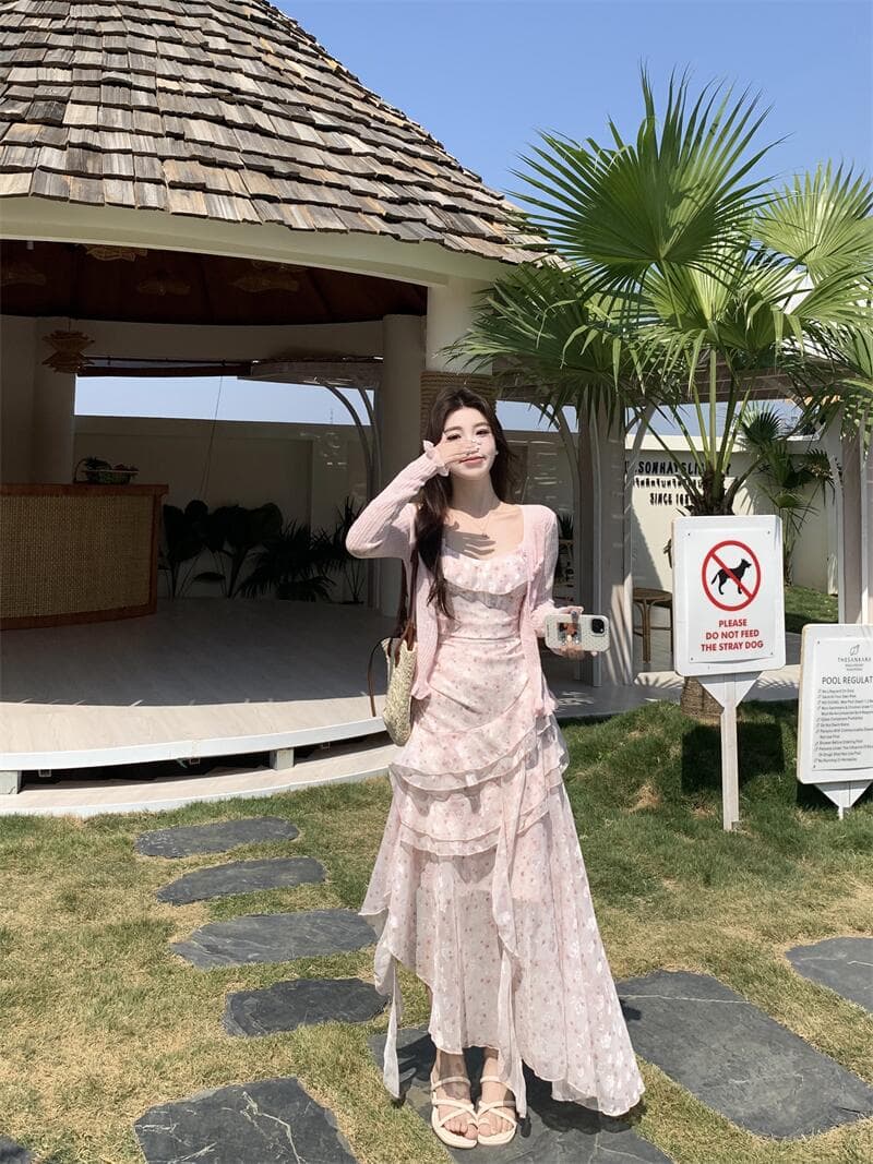 실사 봄 여름 우아함 프랑스식 전원 바람 순수한 욕망 달콤함 꽃무늬 슬립 드레스 태양 보호 셔츠 투피스 세트 상세 이미지 18