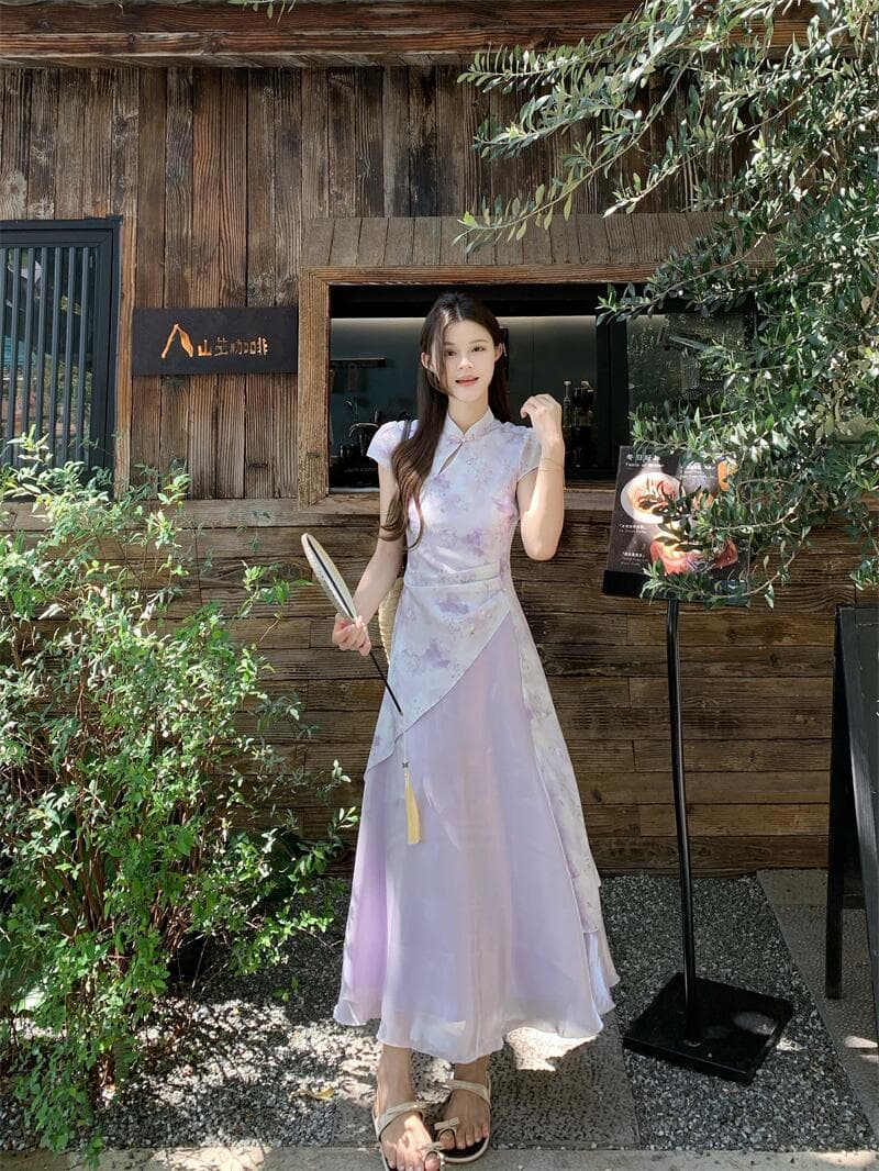 실사 마술 보라색 흐름 구름 국풍 어둠 곡물 프린트 치파오 허리 수축 루 체 빛 거즈 스커트 중국 스타일 의류 상세 이미지 6