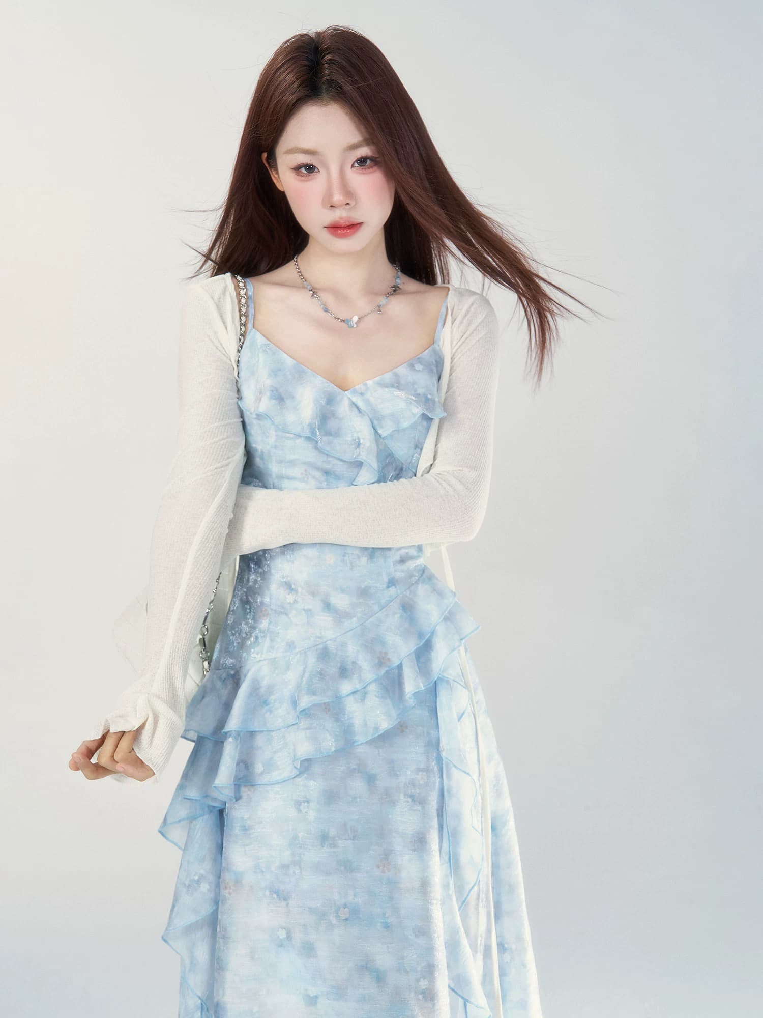 파란색 패치워크 슬립 드레스 여성 드레스 여름 새로운 인기 허리 수축 슬림해 보이는 품격 롱 스커트 이미지 2