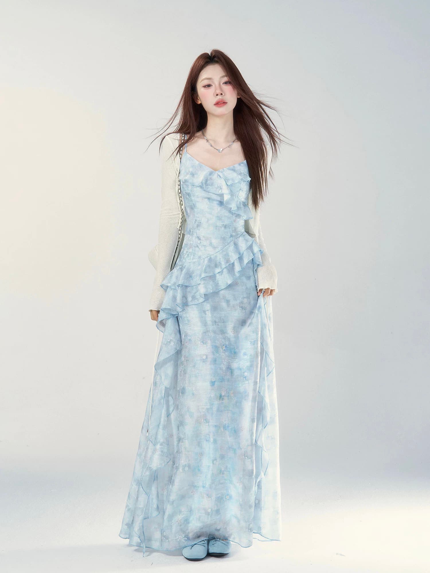 파란색 패치워크 슬립 드레스 여성 드레스 여름 새로운 인기 허리 수축 슬림해 보이는 품격 롱 스커트 상세 이미지 3