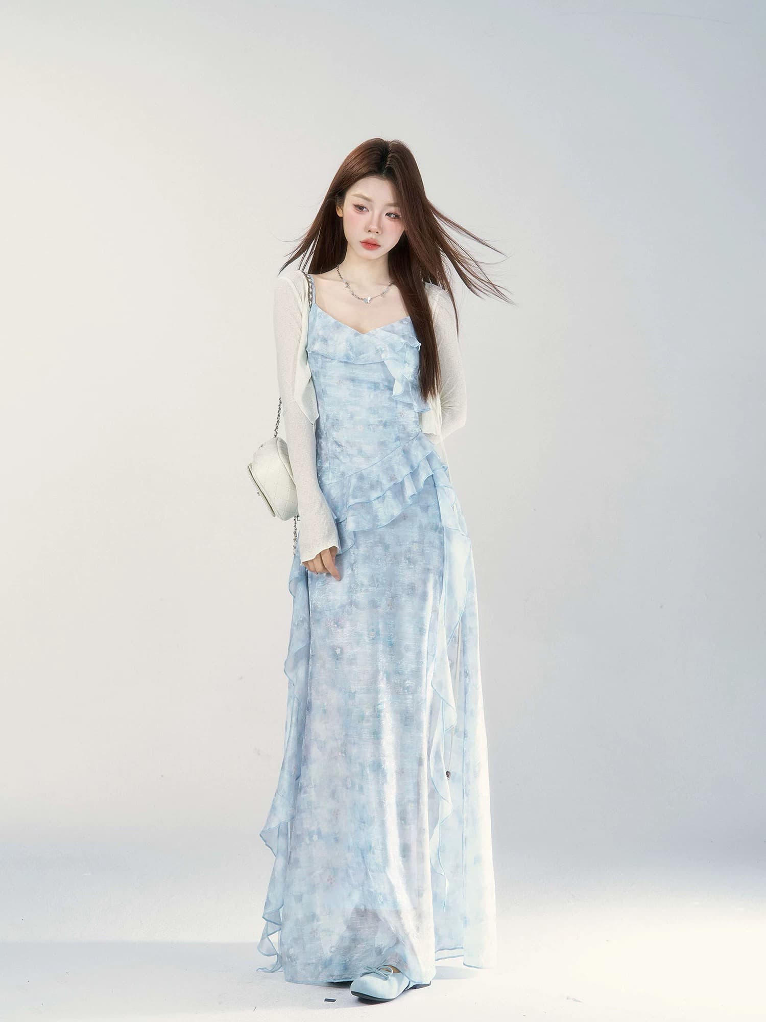 파란색 패치워크 슬립 드레스 여성 드레스 여름 새로운 인기 허리 수축 슬림해 보이는 품격 롱 스커트 상세 이미지 6