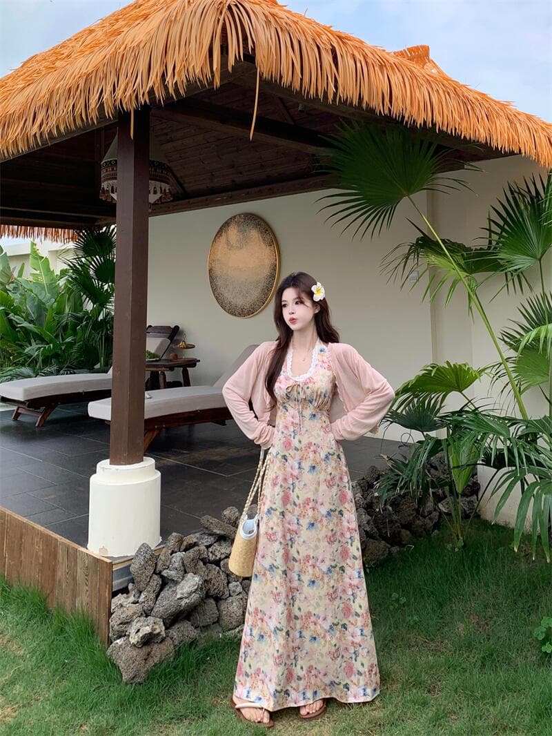 실사 에프 가을 정원 낭만주의 휴가 행침 목 V넥 꽃무늬 휴가 치마 상세 이미지 17