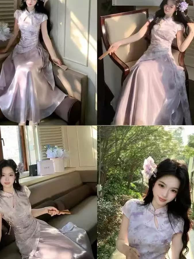 실사 중 마술 색상 흐름 구름 새로운 중식 개선 핑크색 허리 수축 루 체 빛 실 치파오 상세 이미지 8