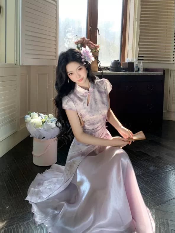 실사 중 마술 색상 흐름 구름 새로운 중식 개선 핑크색 허리 수축 루 체 빛 실 치파오 상세 이미지 9
