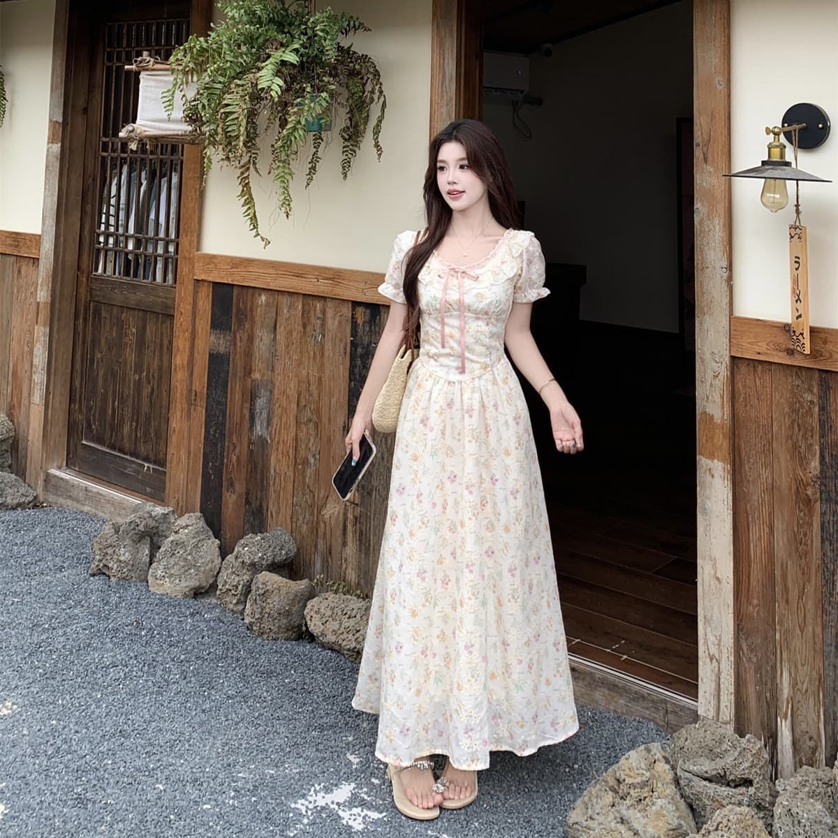 실사 여름 프랑스식 소녀 바람 패치워크 망사 롱 스커트 허리 수축 슬림해 보이는 한 마디 드레스 이미지 3