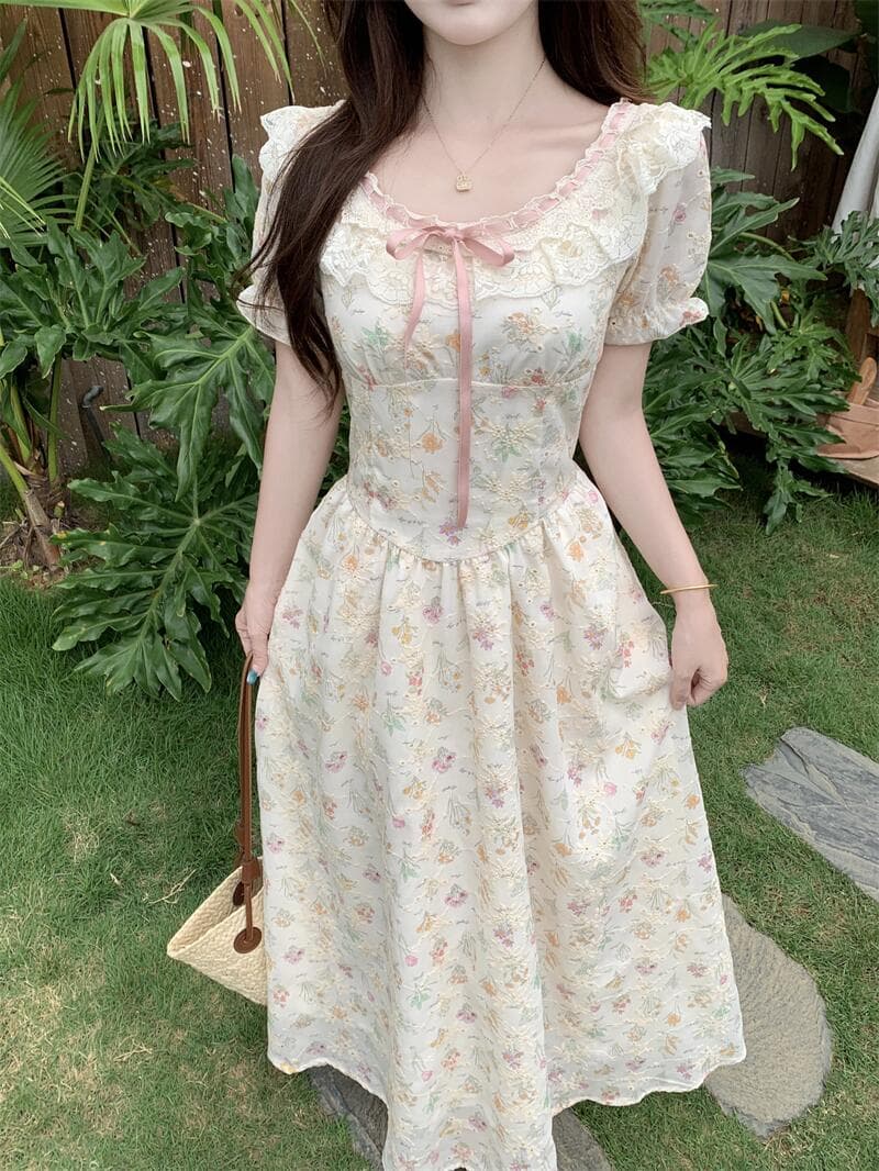 실사 여름 프랑스식 소녀 바람 패치워크 망사 롱 스커트 허리 수축 슬림해 보이는 한 마디 드레스 상세 이미지 5