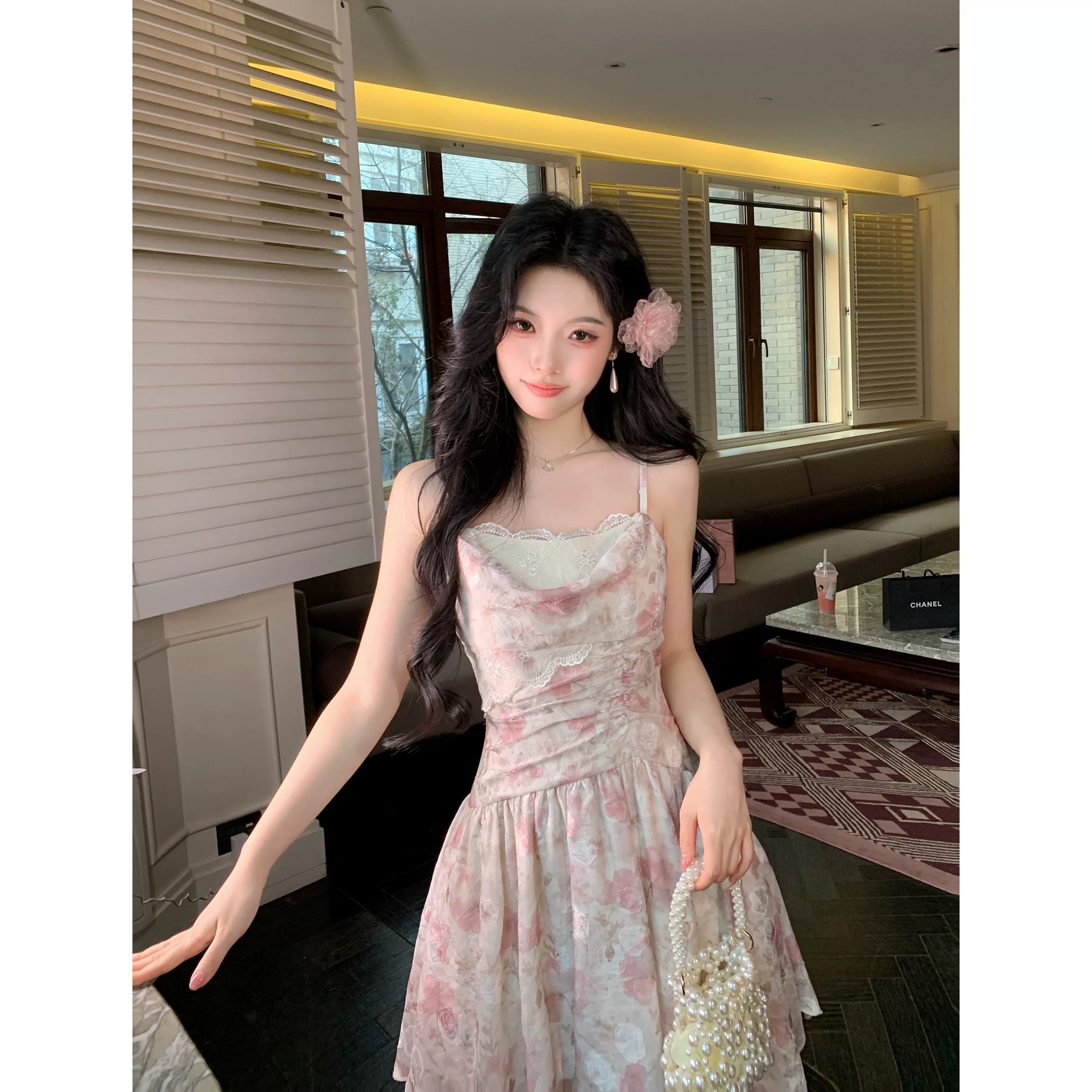 있음 실사 얕은 꿈 복숭아 부드러운 프랑스식 허리 수축 프린트 불규칙 진자 슬립 롱 스커트 이미지 6