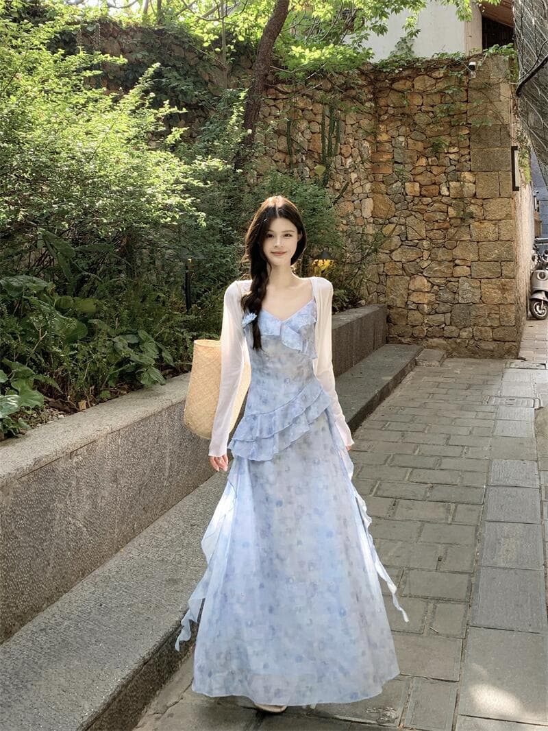 실사 파란색 패치워크 슬립 드레스 여성 드레스 여름 새로운 인기 허리 수축 슬림해 보이는 품격 롱 스커트 상세 이미지 6