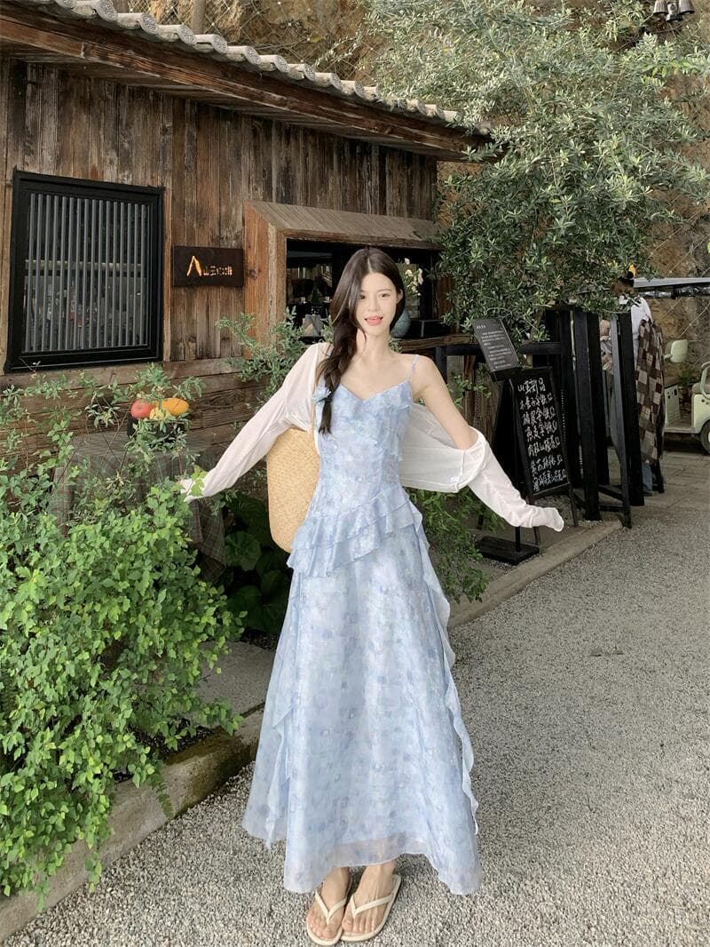 실사 파란색 패치워크 슬립 드레스 여성 드레스 여름 새로운 인기 허리 수축 슬림해 보이는 품격 롱 스커트 상세 이미지 8