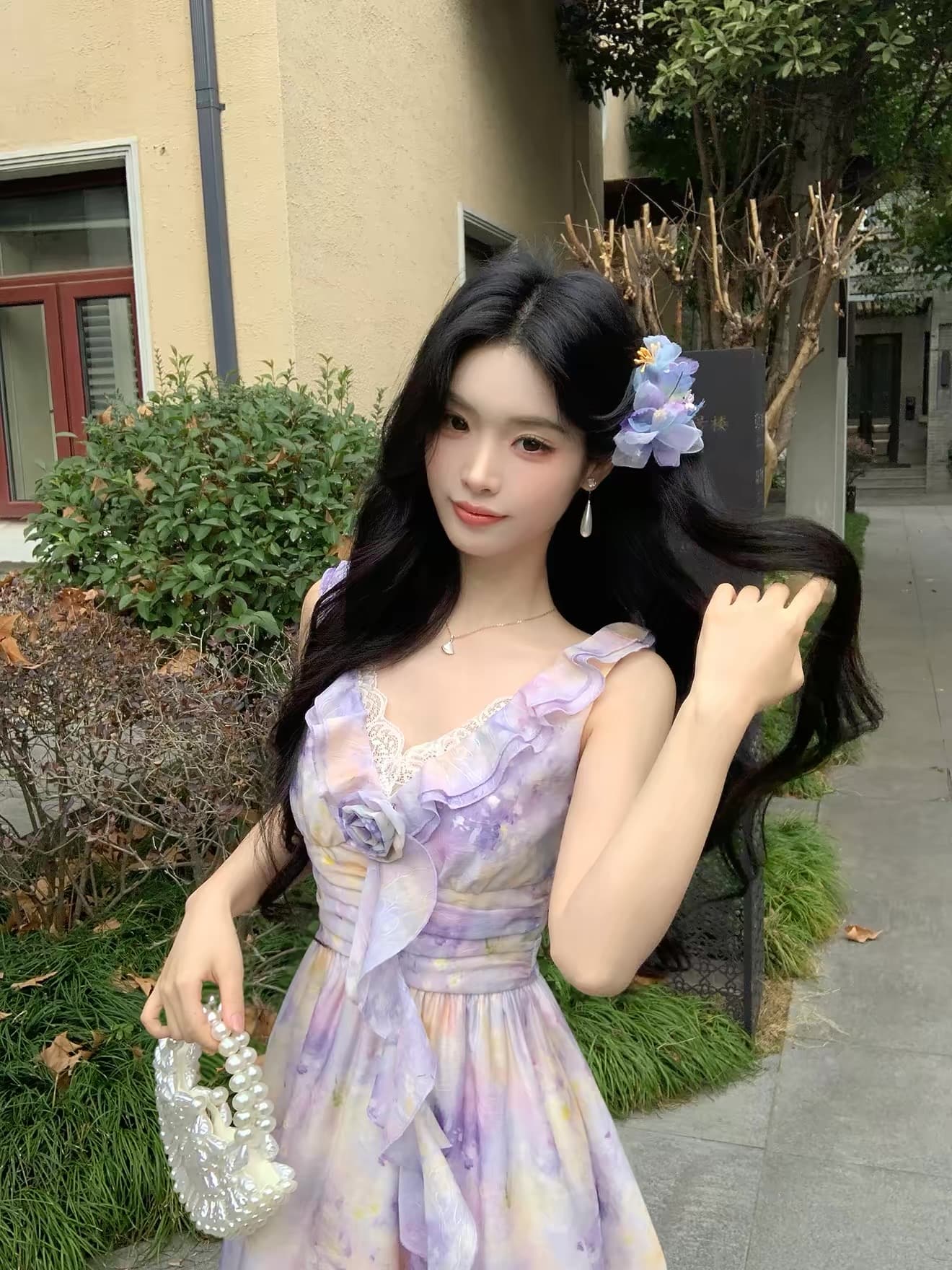 있음 실사 마술 바다 떨어지는 꽃 레트로 낭만주의 프린트 레이스 V넥 하이웨이스트 드레스 상세 이미지 7
