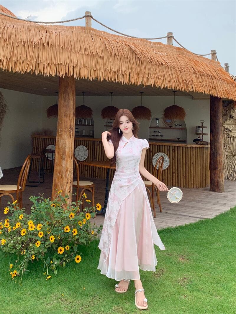 실사 마술 색상 흐름 구름 새로운 중식 개선 핑크색 허리 수축 루 체 빛 실 치파오 상세 이미지 9