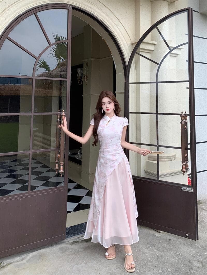 실사 마술 색상 흐름 구름 새로운 중식 개선 핑크색 허리 수축 루 체 빛 실 치파오 상세 이미지 30