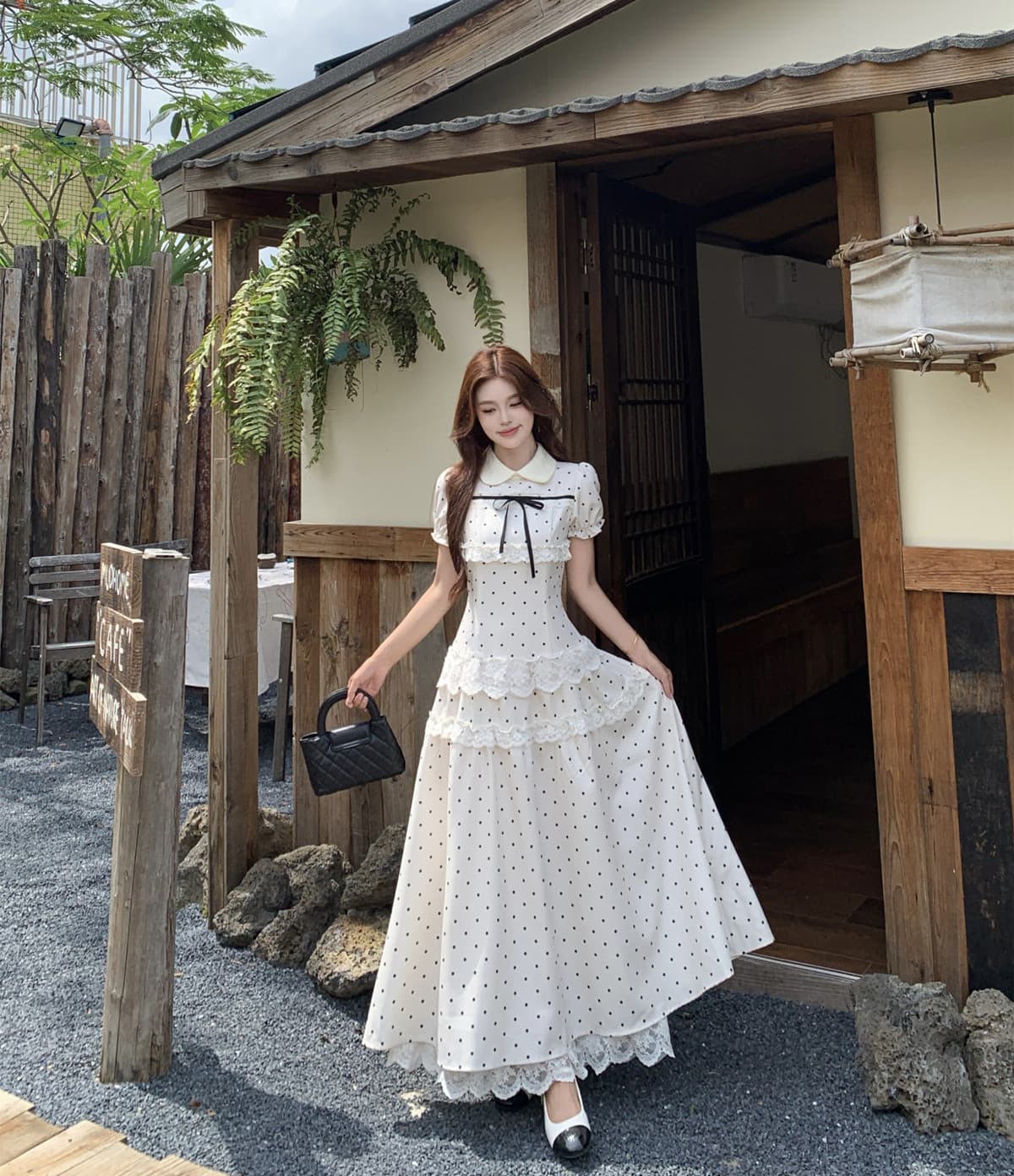 실사 진주 소녀 여름 패치워크 레이스 자수 도트 무늬 롱 스커트 나비 매듭 스트랩 드레스 이미지 5