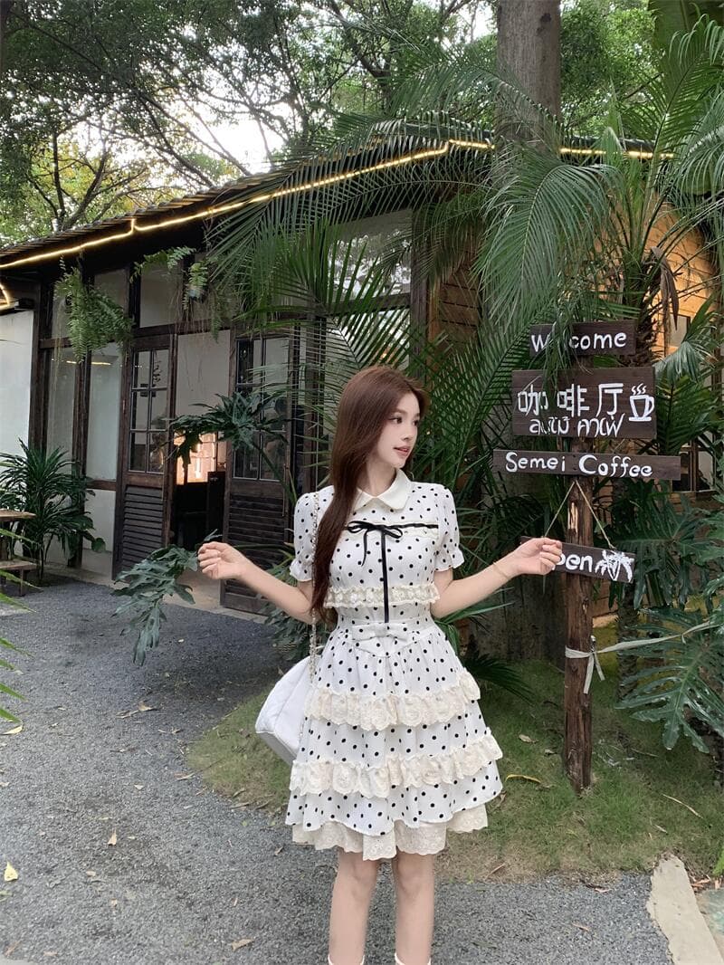 실사 진주 소녀 여름 패치워크 레이스 자수 도트 무늬 롱 스커트 나비 매듭 스트랩 드레스 상세 이미지 14
